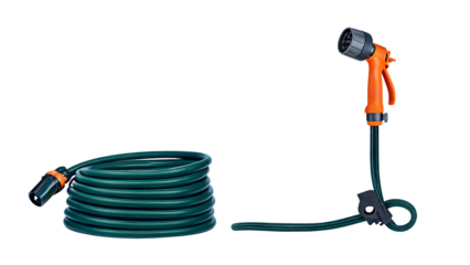 Green garden hose and spray nozzle isolated on a transparent background green hose