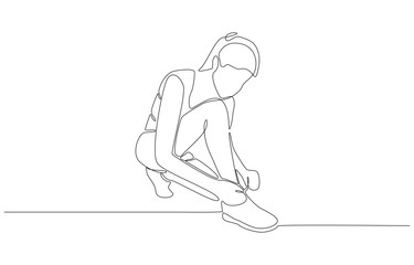 Continuous one line drawing of female person squatting down to tie her shoe, workout and healthy lifestyle concept, single line art