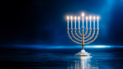 Fototapeta premium A beautiful Hanukkah menorah with a creamy, glowing appearance, set against a blue background with deep shadows and a mysterious atmosphere.