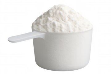 White protein powder is overflowing a plastic scoop on a transparent background, ready for fitness and nutrition