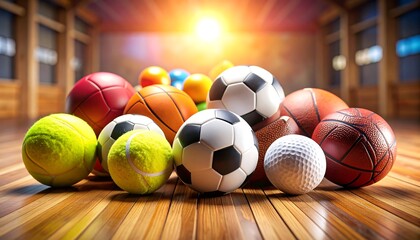 Variety of sports balls on a wooden floor