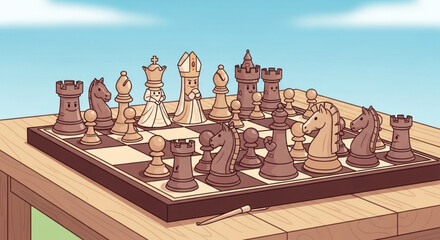 Cartoon vector illustration of chess board with cute chess pieces characters