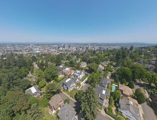 Aerial landscape of Central downtown Portland neighborhood skyline sunny summer day in Oregon