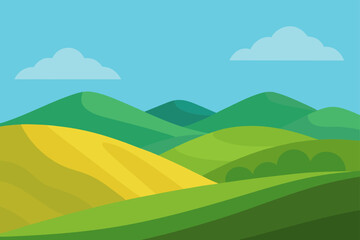 Fototapeta premium A cartoon landscape with rolling hills and a cloudy blue sky