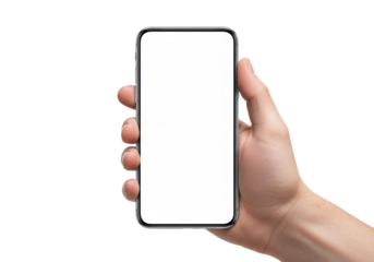 Human hand subtly holding a modern, sleek smartphone with a blank transparent screen against an immaculate studio white background, no shadows, high angle perspective, commercial product technology