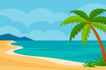 Obraz premium Illustration of a tropical beach with a palm tree and ocean