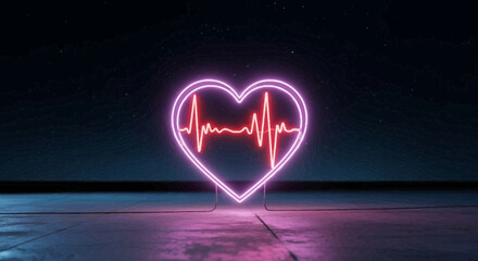 Neon heart with ecg pulse line in futuristic setting