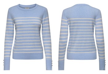 Woman in striped sweater front and back isolated on white background