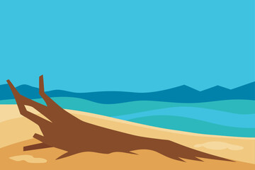 A fallen tree trunk on a sandy beach near a blue ocean view