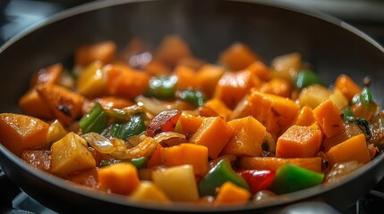 Colorful Stir-Fry with Sweet Potatoes and Bell Peppers in a Frying Pan
