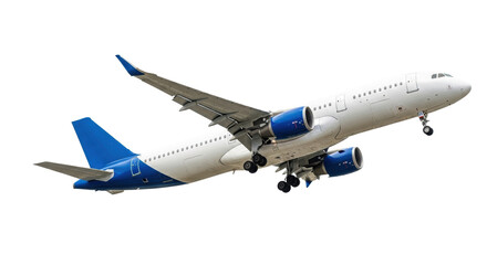 Fototapeta premium Modern white passenger airplane with blue accents, landing gear extended, suspended mid-flight on a transparent studio background with no shadows, ultra-realistic UHD photo, clean precision commercial