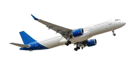 Modern white passenger airplane with blue accents, landing gear extended, suspended mid-flight on a transparent studio background with no shadows, ultra-realistic UHD photo, clean precision commercial