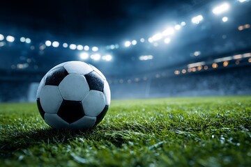 Fototapeta premium Black and white soccer ball in stadium with bright lights 