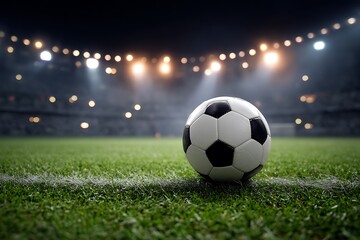 Fototapeta premium Soccer ball on stadium grass illuminated by spotlights 