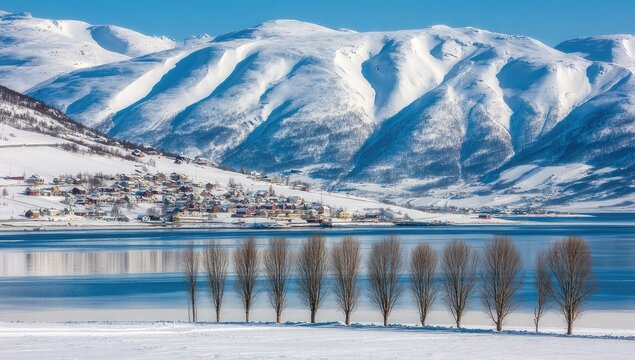 Snowy village nestled by a frozen lake, mountains in the background