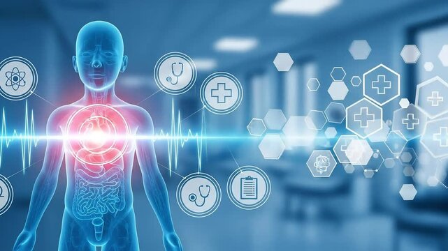body hologram kid with futuristic medical technology digital healthcare technology system network connection hologram screen interface online medical examination report surgical operation medical  - Powered by Adobe