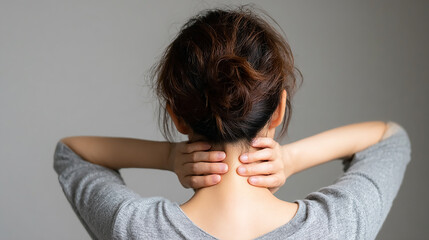 Fototapeta premium Woman in gray sweater holding her neck with both hands expressing discomfort from neck pain indoors