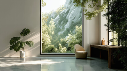 Modern minimalist interior with large windows overlooking lush green mountains