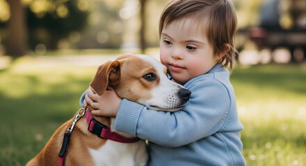 Young asian child with down syndrome hugging a dog outdoors on a sunny day. Inclusion and diversity concept.