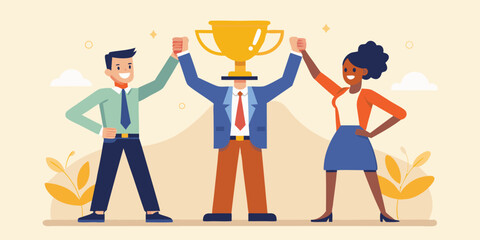 Three businesspeople holding large trophy together, flat vector corporate teamwork and success concept illustration