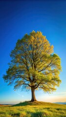 Obraz premium A lone tree stands strong against a clear blue sky with warm sunlight filtering through its leaves as a gentle breeze rustles its branches