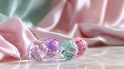 Closeup of glossy pastelcolored translucent orbs with soft reflections against a dreamy pink satin fabric background, luxurious and elegant with copy space on the right