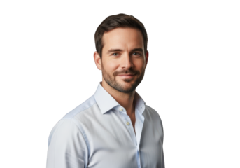 Professional Headshot of a Smiling Man in a Light Blue Shirt, Suitable for Business Cards, LinkedIn Profiles, and Corporate Communications Showcasing Approachability