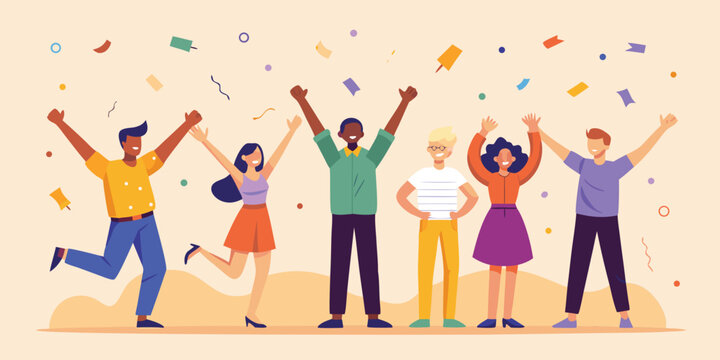 Group celebrating successful project launch with confetti, flat vector corporate teamwork and achievement concept illustration