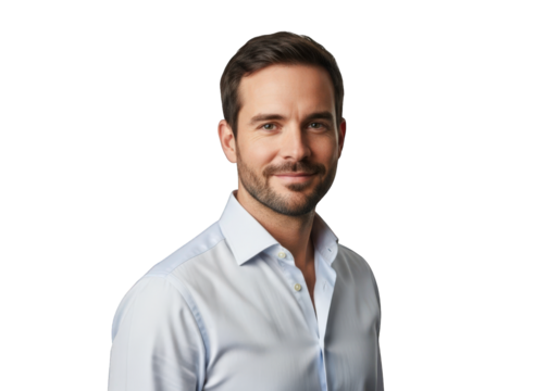 Professional Headshot of a Smiling Man in a Light Blue Shirt, Suitable for Business Cards, LinkedIn Profiles, and Corporate Communications Showcasing Approachability