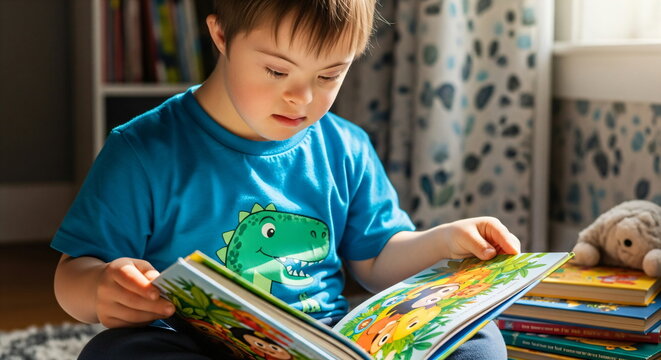 Child with down syndrome reading a book, fostering early literacy development and inclusion. Education and special needs concept for children story.