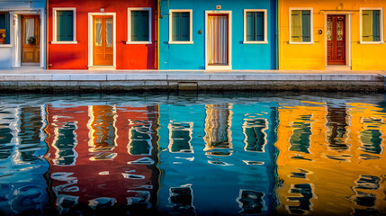  A narrow canal with moored boats, colorful houses reflecting on the water, and pedestrians walking along the waterfront under a clear sky