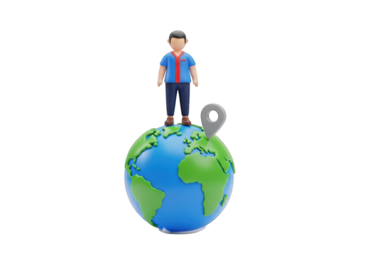 3D Illustration of a Man Standing on Top of the World Globe with a Location Pin, Representing Global Reach, International Business, and Worldwide Connectivity for Success