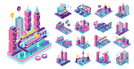 Obraz premium Isometric Futuristic Smart City Living and Technology Composition