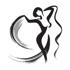 Dancing woman with abstract circle brush stroke black on white vector illustration