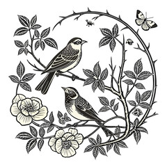 Cute vintage vector illustration of two birds on a floral tree branch with leaves and blossoms