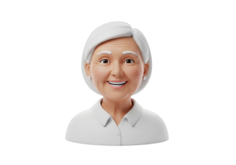 A Cheerful 3D Render of an Elderly Woman with White Hair and a Warm Smile, Isolated on a Transparent Background, Perfect for Digital Art and Design Projects
