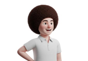 A Cheerful 3D Character with an Afro Hairstyle Wearing a White Polo Shirt, Posing Against a Transparent Background, Perfect for Diverse Representation and Inclusive Design