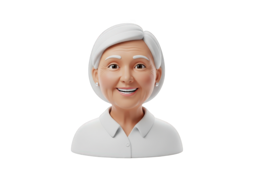 A Cheerful 3D Render of an Elderly Woman with White Hair and a Warm Smile, Isolated on a Transparent Background, Perfect for Digital Art and Design Projects