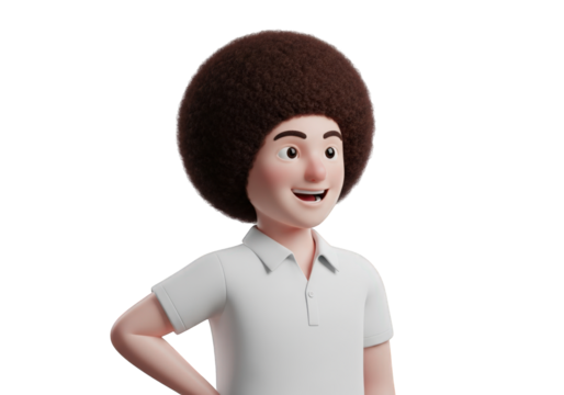 A Cheerful 3D Character with an Afro Hairstyle Wearing a White Polo Shirt, Posing Against a Transparent Background, Perfect for Diverse Representation and Inclusive Design - Powered by Adobe
