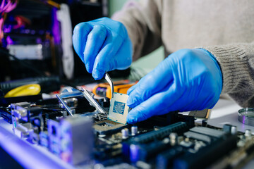 The technician is putting the CPU on the socket of the computer motherboard. electronic engineering electronic repair, electronics measuring