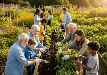 A happy multi-generational group of people, including children and seniors, are planting in a sunny community garden, gardening, sustainability, community, healthy living.