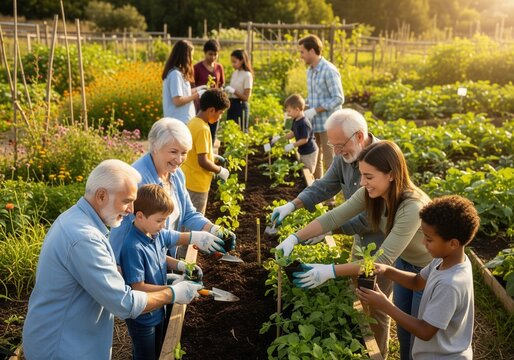 A happy multi-generational group of people, including children and seniors, are planting in a sunny community garden, gardening, sustainability, community, healthy living.