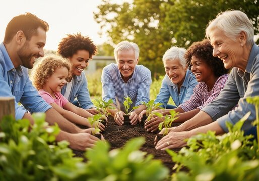 A happy multi-generational and diverse group of friends and family is planting seedlings in a garden, gardening, sustainability, community, healthy living.