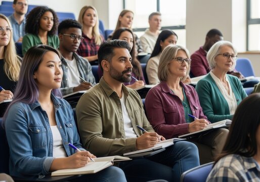 A diverse group of adult students are sitting in a lecture hall, taking notes from a lesson, education, learning, diversity, adult education, academic.