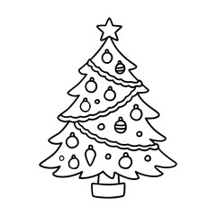 Fototapeta premium Decorated Christmas Tree with Ornaments and Star Topper Line Art