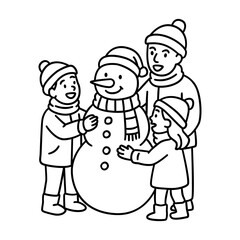 Family Building Snowman in Winter Line Art