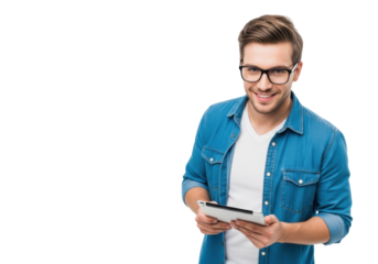 Young caucasian man in early 20s with short brown hair, black-rimmed glasses, blue denim shirt over white t-shirt, smiling while holding a silver tablet, on a pristine seamless transparent background