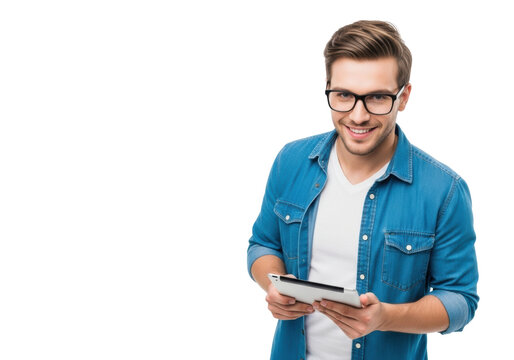 Young caucasian man in early 20s with short brown hair, black-rimmed glasses, blue denim shirt over white t-shirt, smiling while holding a silver tablet, on a pristine seamless transparent background