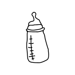 Hand drawn baby feeding bottle doodle in black outline on transparent background – newborn care icon for parenting blogs, childcare guides, and baby shower invitations