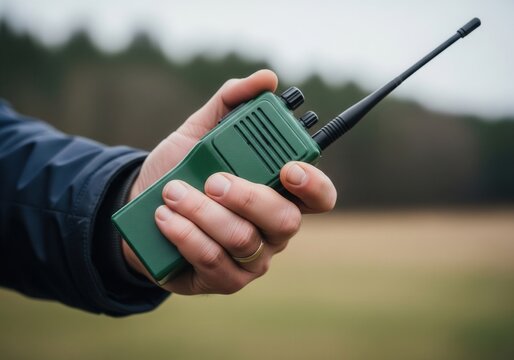 A man's hand holds a green walkie-talkie outdoors, communication, outdoor, technology, equipment, safety.